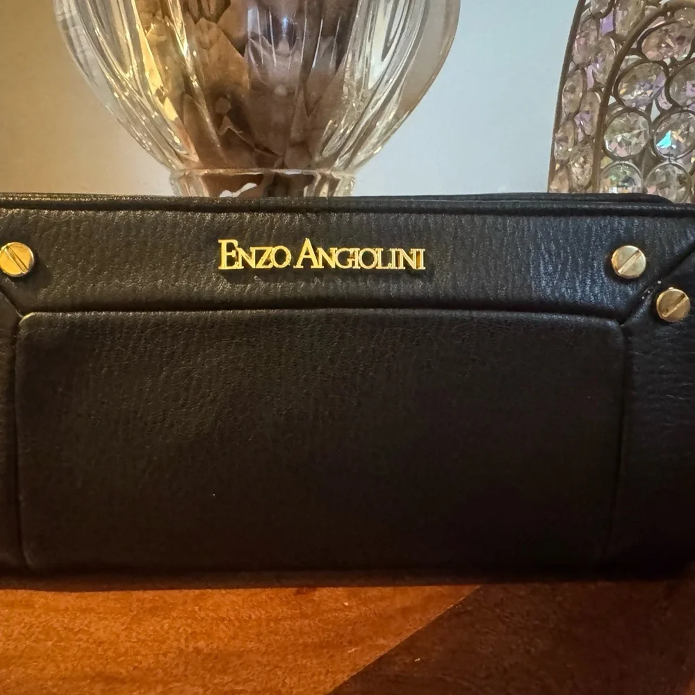 Enzo Angiolini Black Leather Clutch with Gold Details / NWT